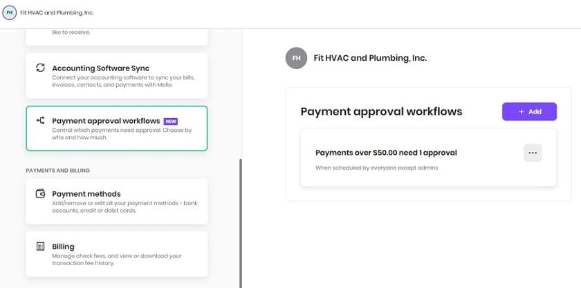 Image showing the existing payment approvals workflows in Melio.