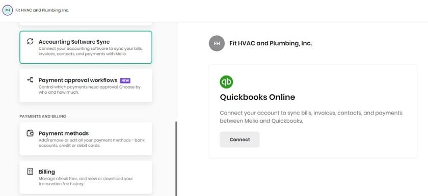 Image showing how users can sync QuickBooks Online in Melio's settings window.