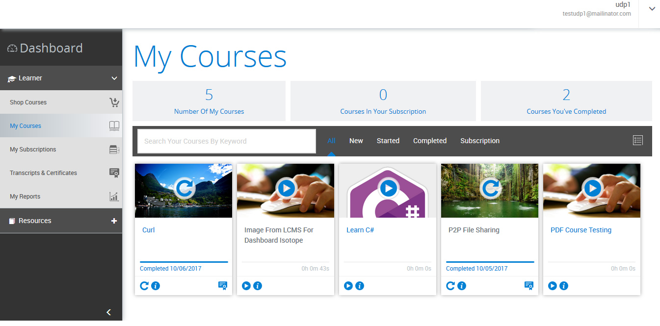 360培训课程仪表板截图显示五个活跃的课程。