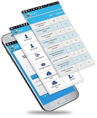 Graphic with 3 overlapping images showing call reports, dashboard home page and app log in.