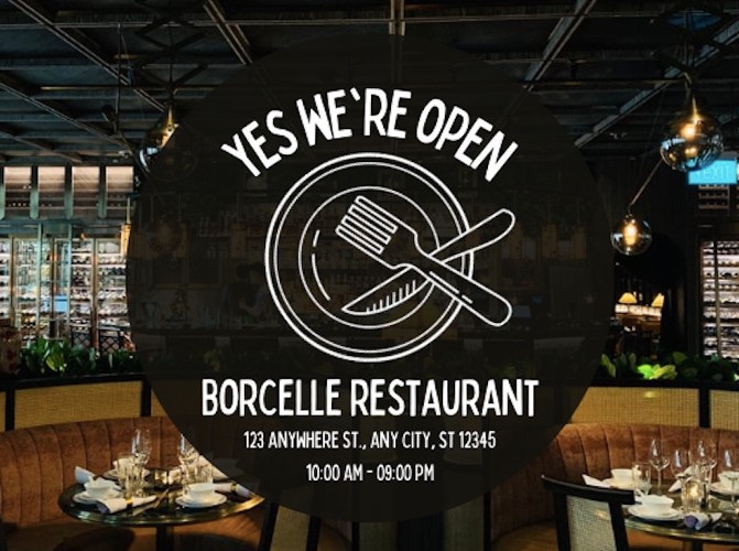 一个简单的明信片设计的例子，广告一家餐馆的开业，它的地址和联系方式，和餐厅的内部照片为背景。