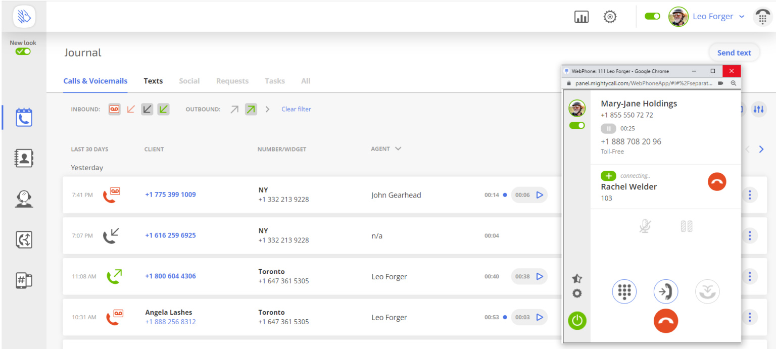 A MightyCall window showing a list of calls and a dialog box displaying the consultative call feature.