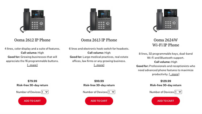 一排Ooma IP电话，在每个电话选项的底部有一个红色的添加到购物车按钮。