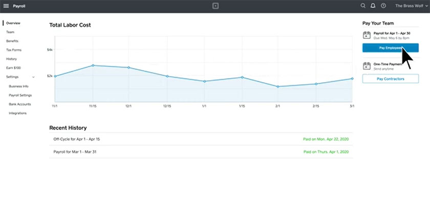 广场Payroll main dashboard shows your pay run history and an overview.