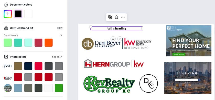 Canva brand kit with competing real estate logos and website pages
