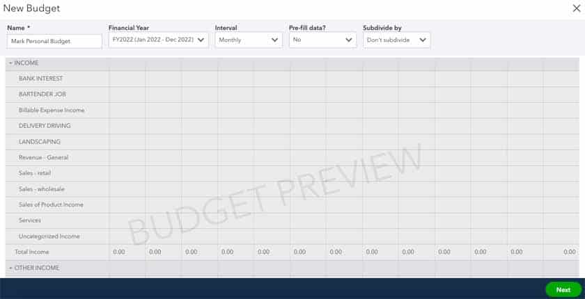 屏幕，您可以在QuickBooks Online中创建新的预算。
