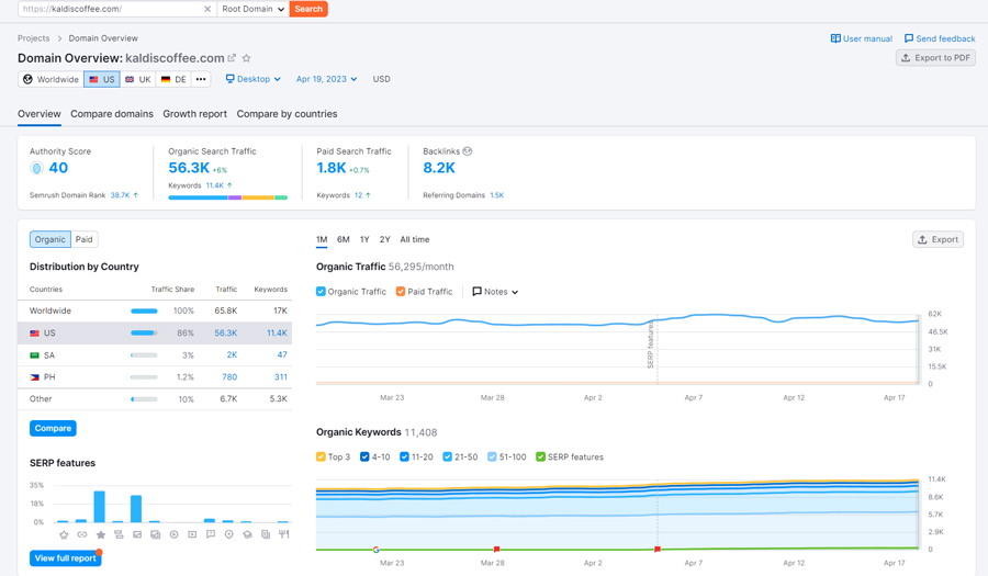 Semrush域概览报告的示例