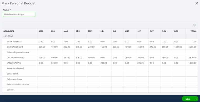 屏幕，您可以在其中输入每个期间的预测金额，以便在QuickBooks Online中创建新的预算。