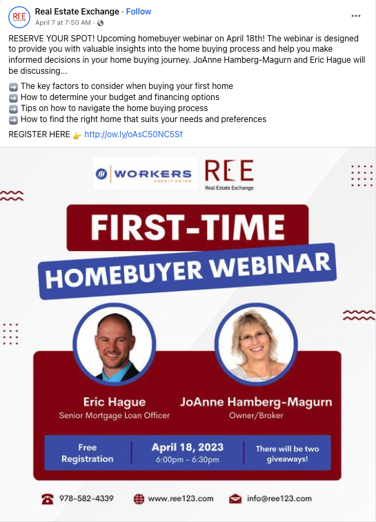 Facebook post advertising a first time homebuyer webinar.