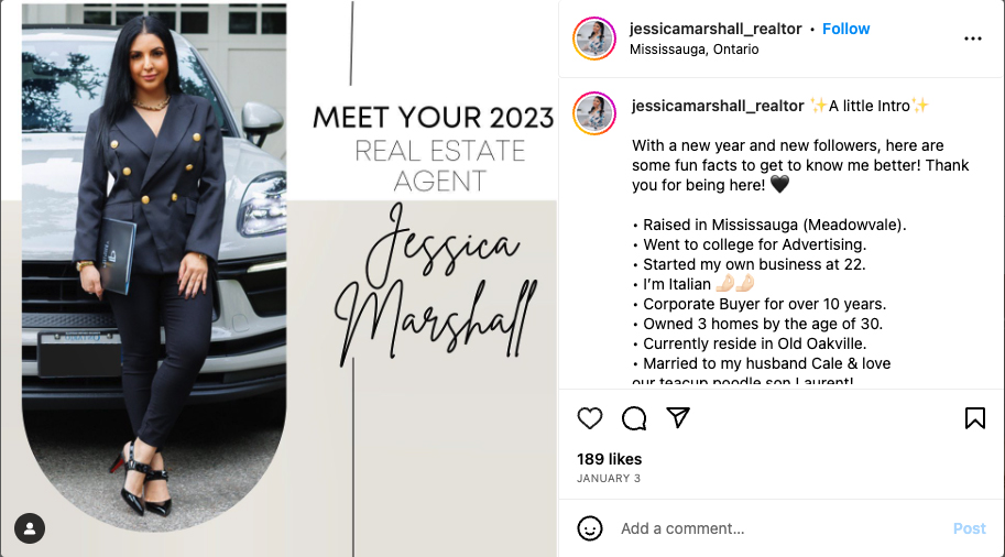 Sample real estate agent post on Instagram.