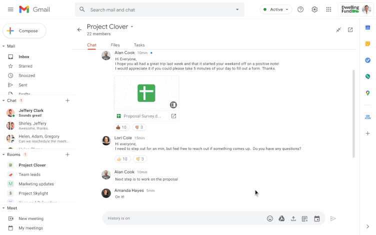 用户在Google工作空间中，点击Google Chat菜单中的Google Docs选项，共享名为Project Proposal的新文档