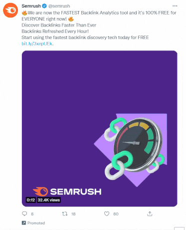 《Semrush》在Twitter上的视频广告就是一个例子