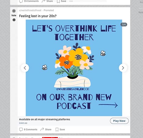 Reddit上一个播客的旋转木马广告的例子。