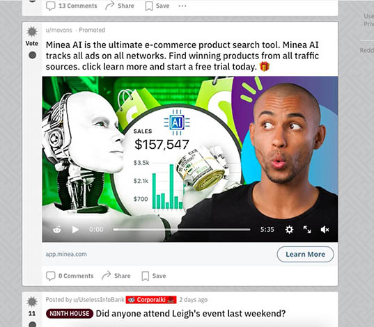 一个AI平台在Reddit上的视频广告的例子。