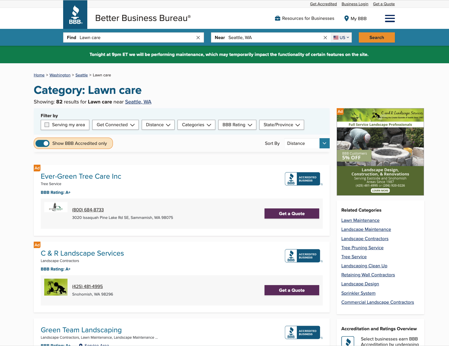 A screenshot of the local BBB listings for lawn care in Seattle, Washington.