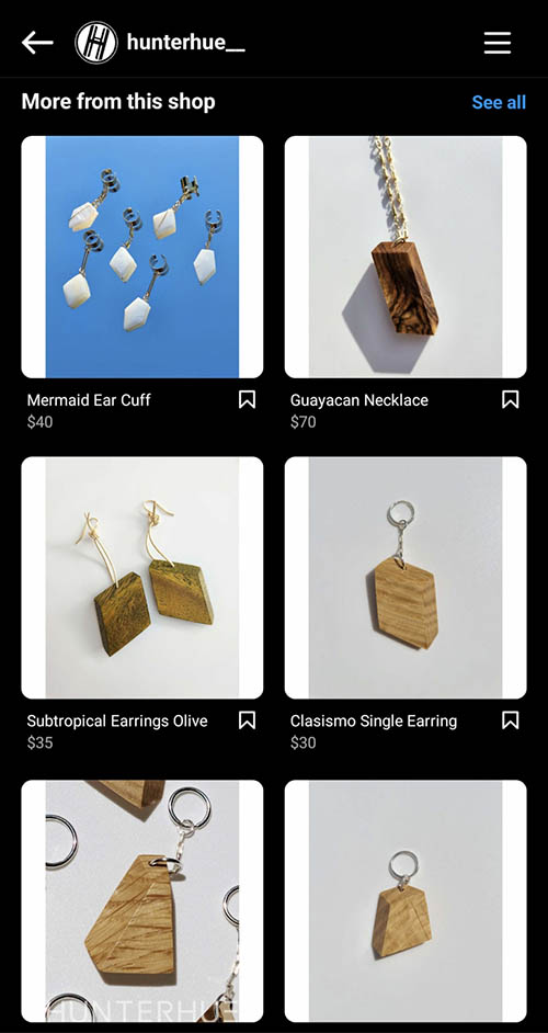 HunterHue's shop on Instagram featuring shoppable pictures of necklaces and earrings.