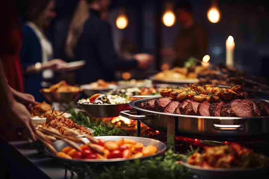 Group of people on catering buffet.