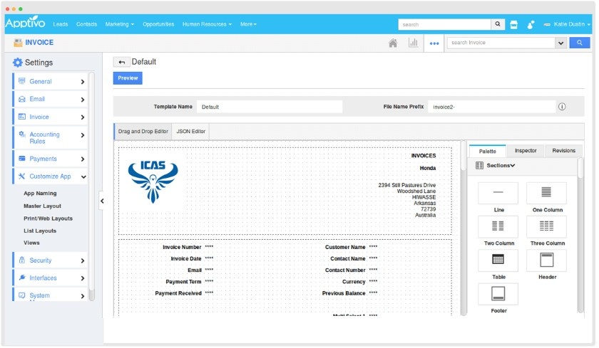 Apptivo Invoice editor.