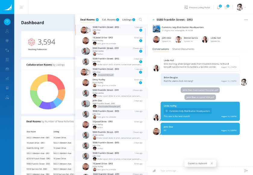 Ascendix RE dashboard showing Collaboration Rooms and Deal Rooms.