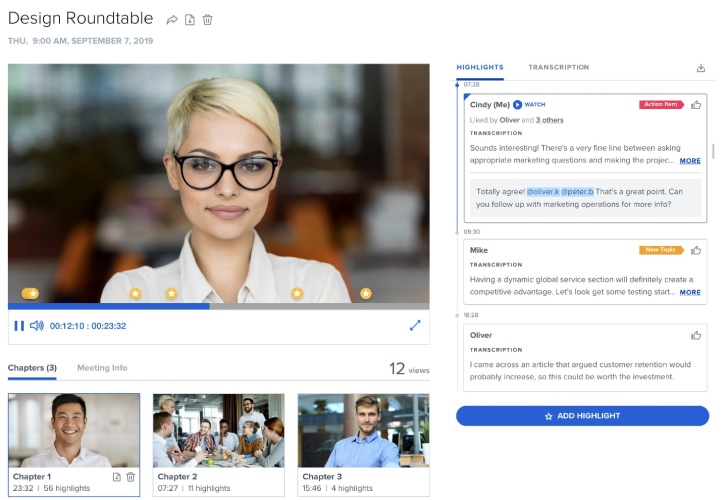 A screenshot of BlueJeans Smart Meetings feature with meeting highlights.