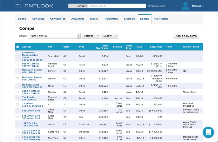 Clientlook's Comps page showing a list of comps with details.
