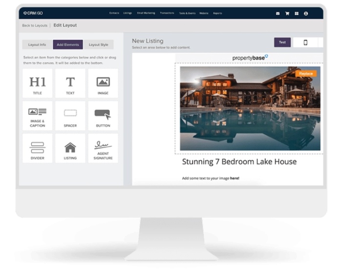 Propertybases' Email Marketing Studio with several editing and layout functions.