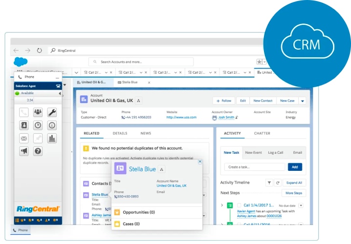 RingCentral Contact Center interface showing a user presence dialog box at the left panel, an account named 