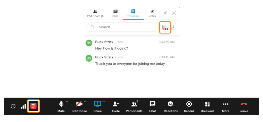 A screenshot of the RingCentral live transcription feature.