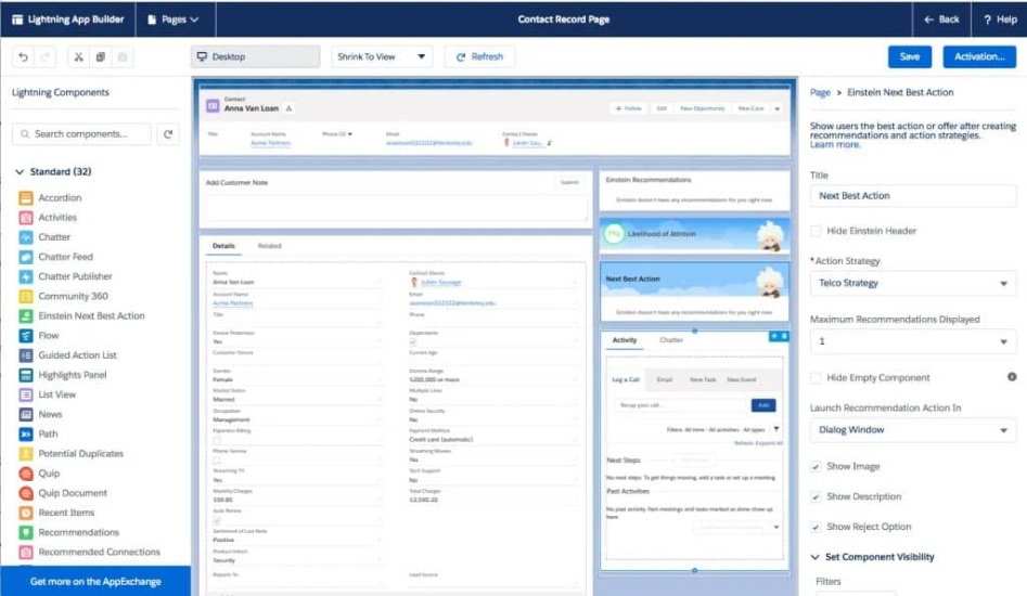 Salesforce CRM Einstein AI showing several functions.