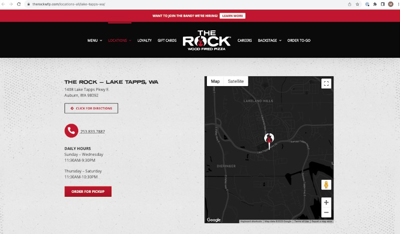 Screenshot of a local landing page with hours and map