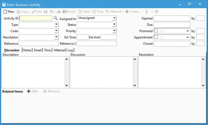 Screen where you can record a new business activity in Acctivate.