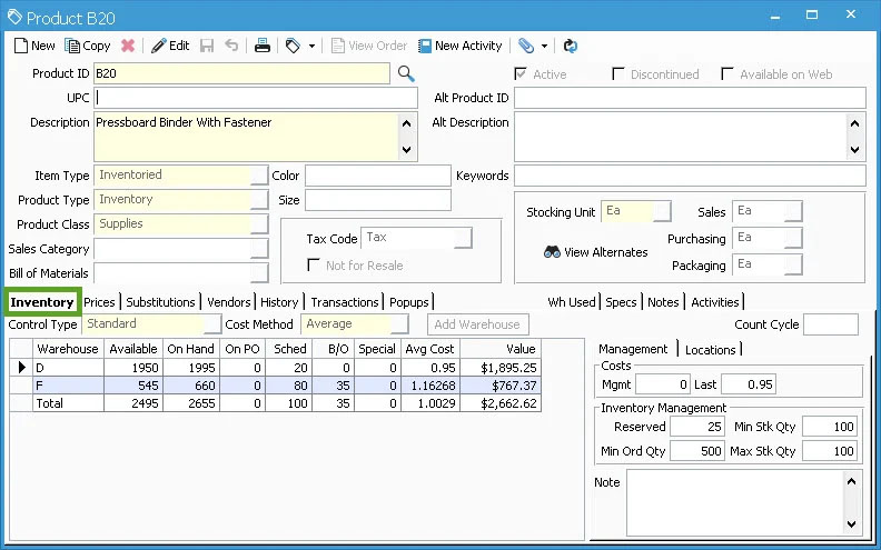 Product information screen in Acctivate showing essential information like inventory levels of items in each warehouse.