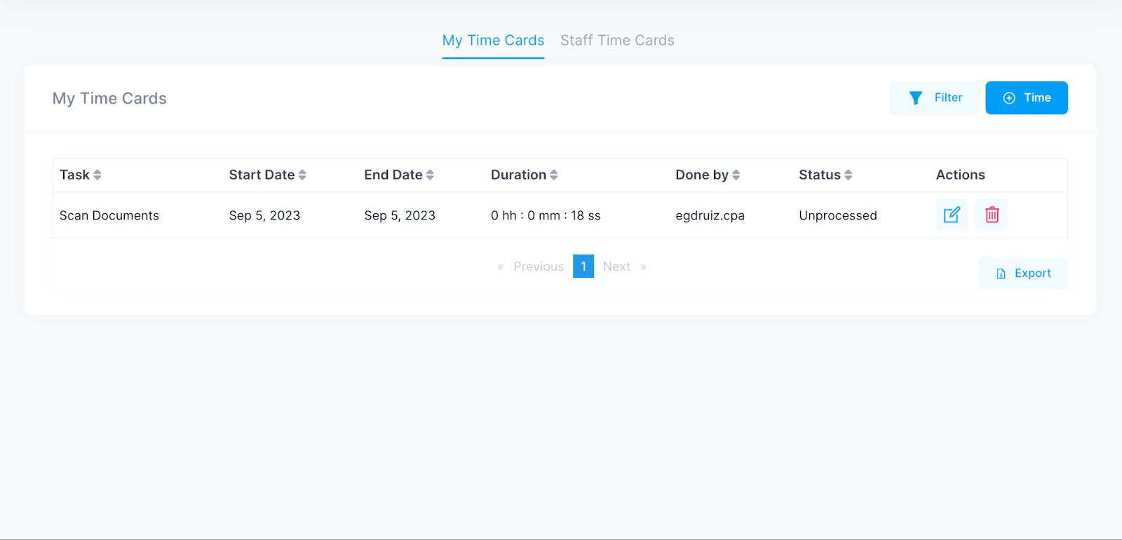 Image showing all user time entries under the My Time Cards tab.