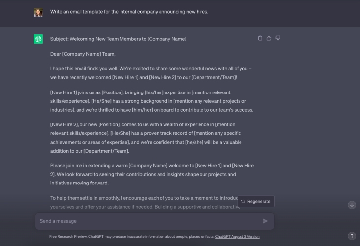 GhatGPT generating an email template announcing new hires.
