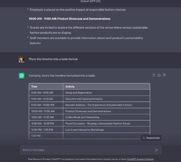 ChatGPT organizing an event schedule.