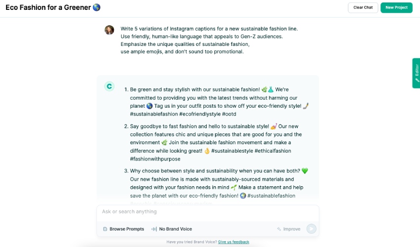 Copy.ai generating Instagram social media captions.