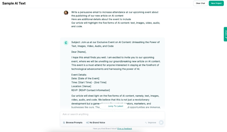 年代creenshot of Copy.ai generating marketing copy for an event launch.