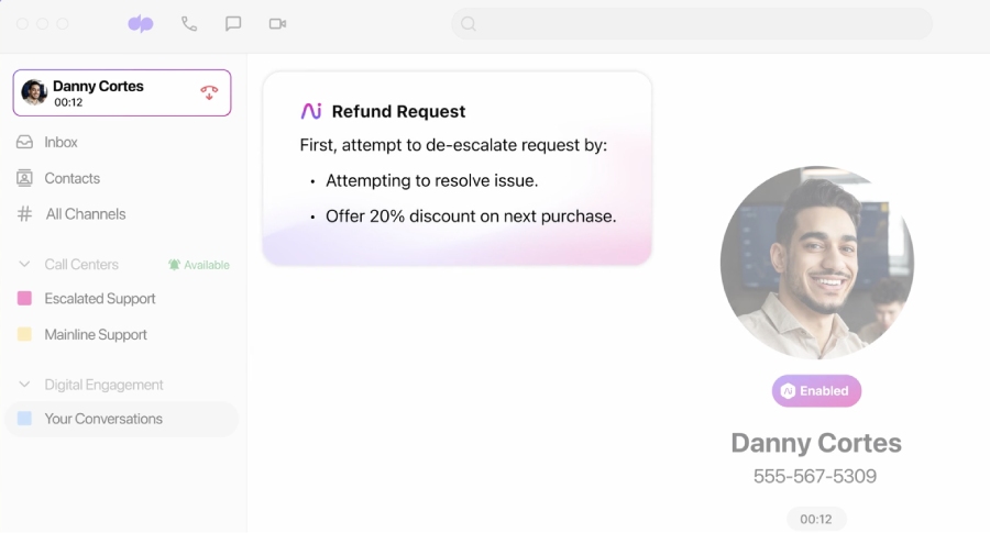 Dialpad Contact Center interface showing an ongoing call and a pop-up box that contains response suggestions for the refund request concern.