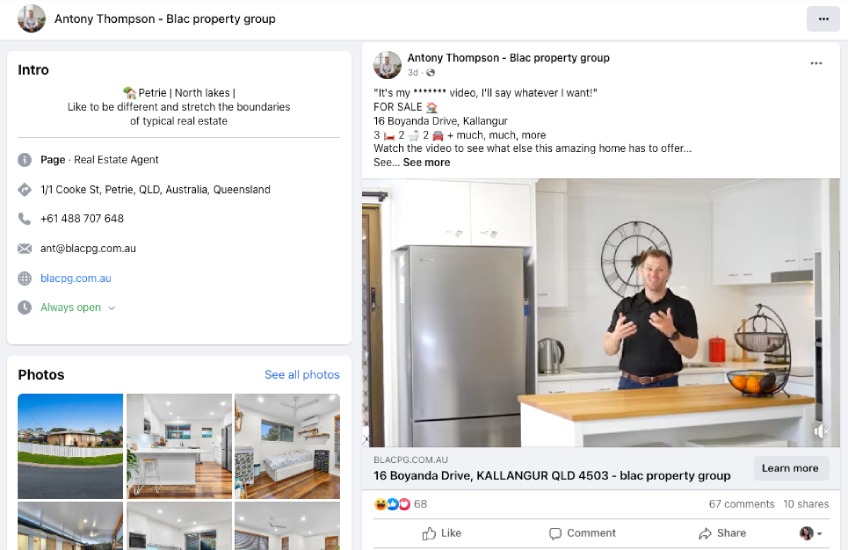 Example Facebook business page for a real estate team with videos, images, and links.