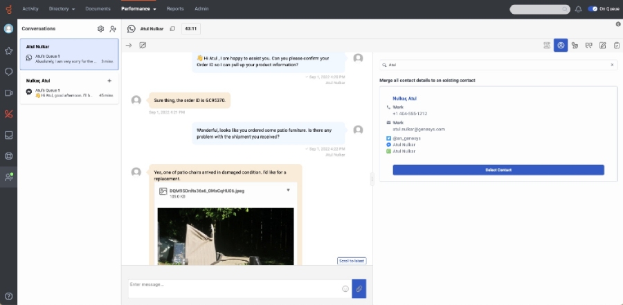 Genesys interface showing a list of conversation previews on the left panel, a chat thread at the center, and a customer profile on the right panel.