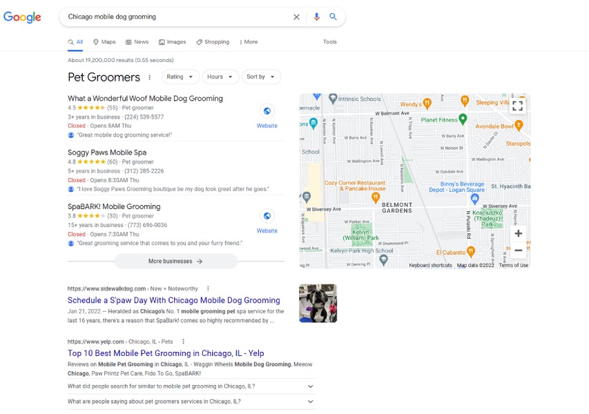 Top SERPs for “Chicago mobile dog grooming” in an incognito Google search.