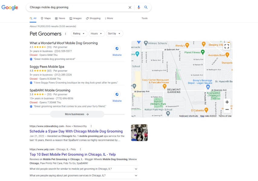 来p SERPs for “Chicago mobile dog grooming” in an incognito Google search.