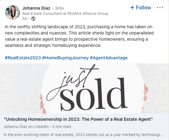 Example real estate agent LinkedIn post.
