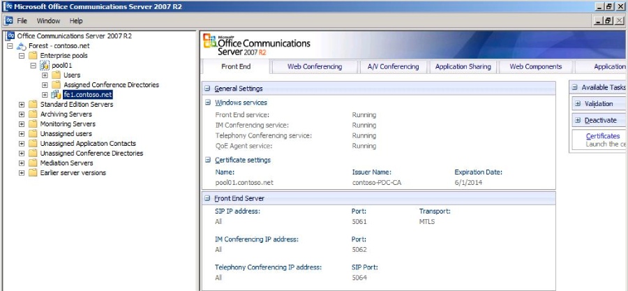 Microsoft Office Communications Server 2007 R2 interface showing a list of folders at the left panel and the Front End settings at the right panel.