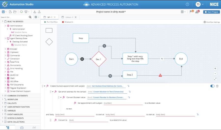 NICE CXone’s automation studio interface showing a workflow chart.