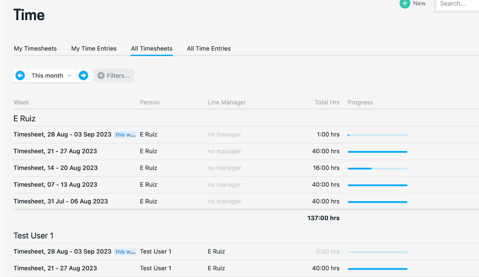 Image showing all timesheets in the timesheets screen.