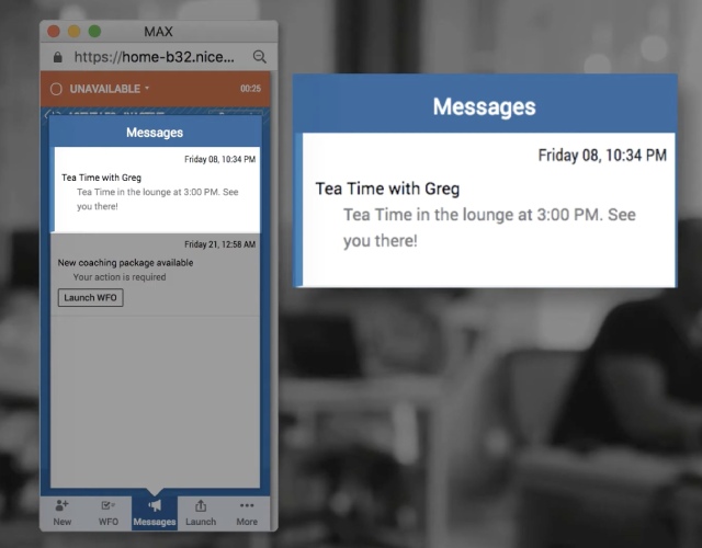 RingCentral Contact Center interface showing an agent message with the subject 