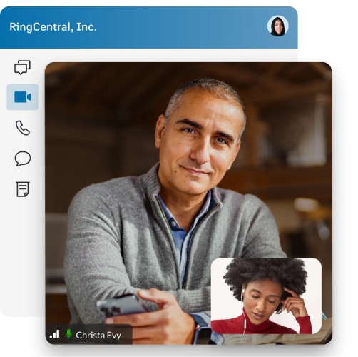 RingCentral interface showing thumbnails of a man and a woman in a video call.