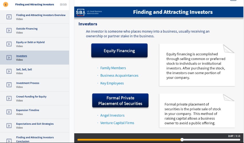 A screenshot of one of the SBA courses.