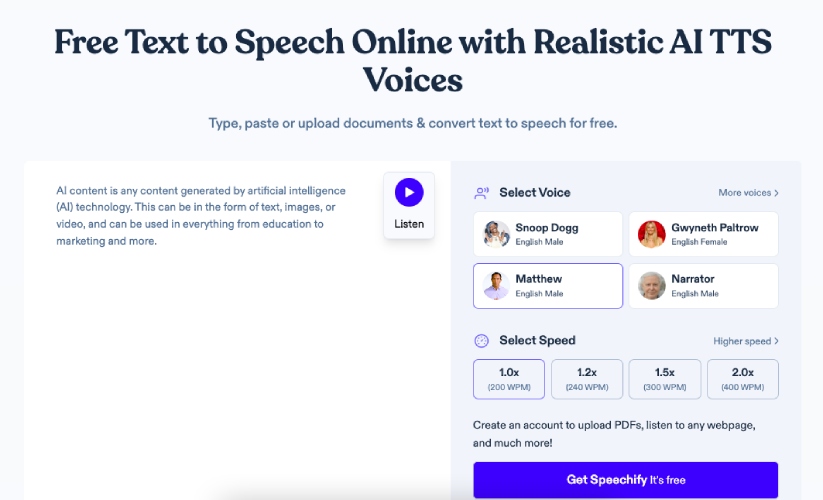 The home page of Speechify's AI text-to-speech converter.